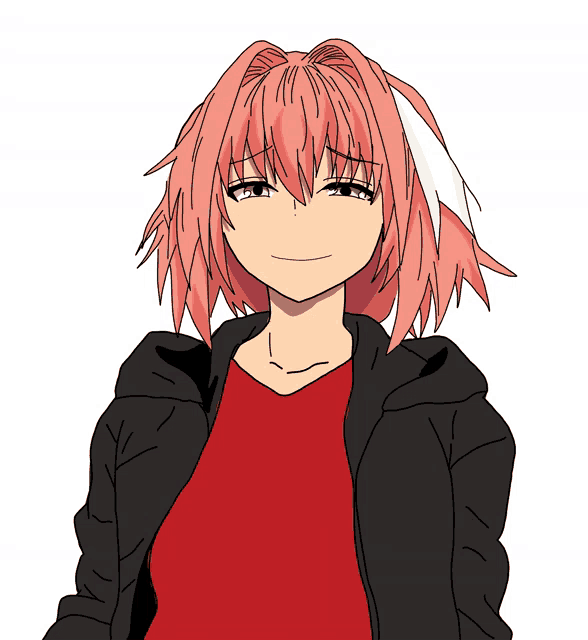 a drawing of a girl with pink hair wearing a red shirt and black jacket
