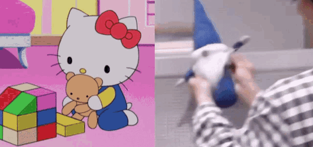 a hello kitty cartoon next to a person playing with toys