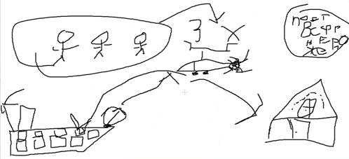a child 's drawing of a helicopter and a house with the word best written in the corner