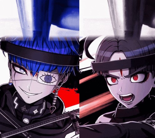 a blue haired anime character and a black haired anime character