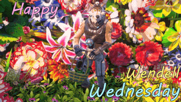 a happy wednesday greeting card with a wolf in a flower garden