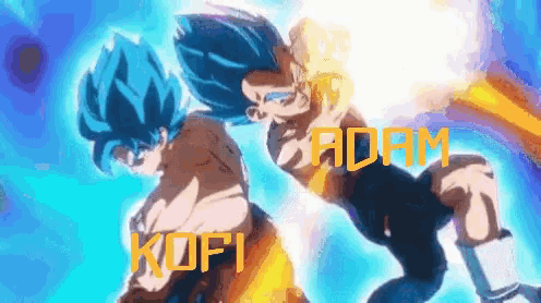 a cartoon of goku and vegeta with the words adam kofi on the bottom right