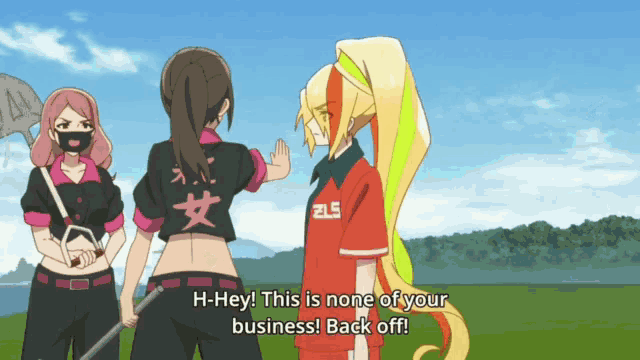 a girl in a red shirt with the number 25 on it says " h-hey this is none of your business back off "