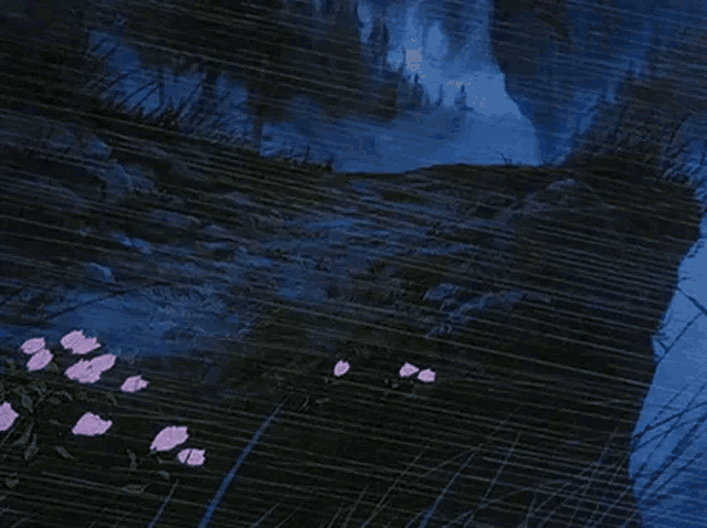 a painting of flowers growing in the rain next to a river .