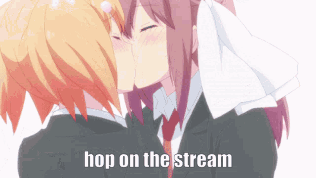 a couple of girls kissing with the words hop on the stream below them