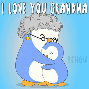 a penguin hugging an older penguin with the words " i love you grandma " on the bottom