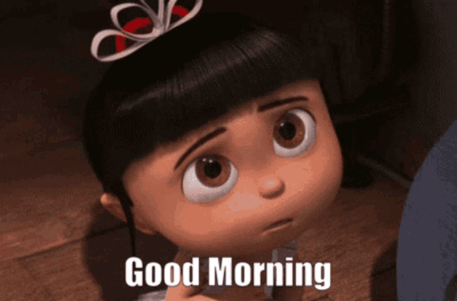 a cartoon girl with a bow in her hair is saying good morning