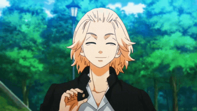 a cartoon character with blonde hair is smiling with his eyes closed and holding a key .