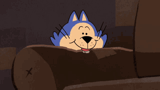 a cartoon cat is sticking its head out of a brown box