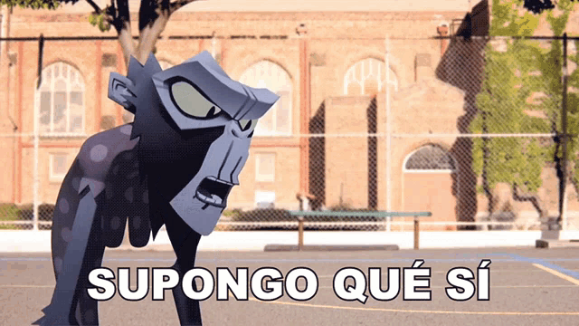 a cartoon monkey is standing on a basketball court with the words supongo que si below it