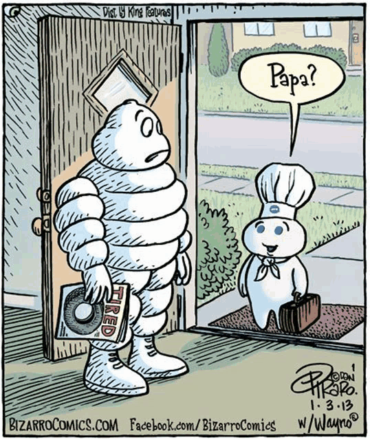 a cartoon of a man in a tired suit talking to a pillsbury doughnut man