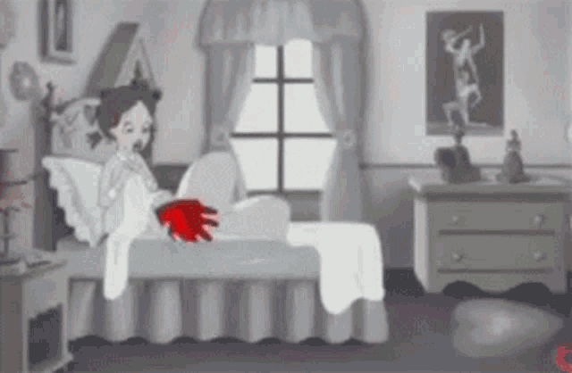 a cartoon of a woman laying in a bed with a red hand