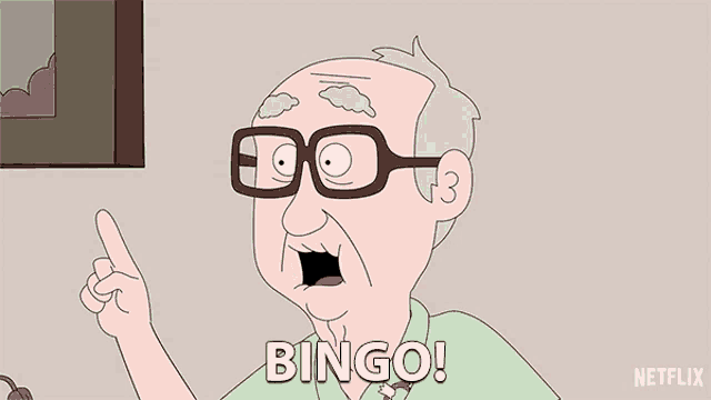 a cartoon man with glasses is pointing up and saying " bingo "