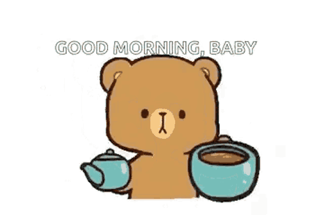 a teddy bear is drinking a cup of coffee from a teapot .