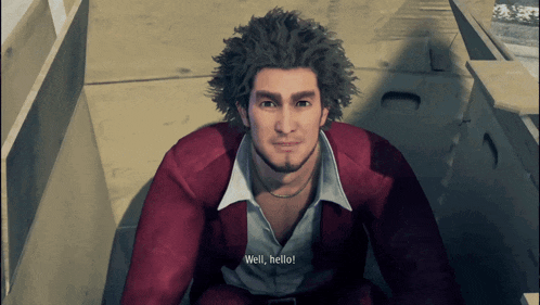 a man in a red suit says well hello in a video game