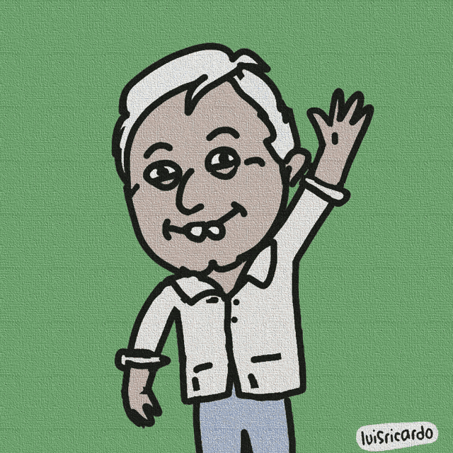 a cartoon of a man waving his hand with the name luisricardo on the bottom right