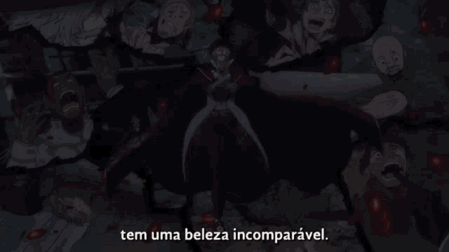 a man in a cape stands in front of a group of people with the words tem uma beleza incomparável below him