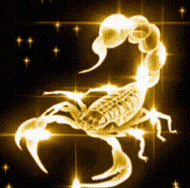 a golden scorpion is glowing in the dark with stars in the background