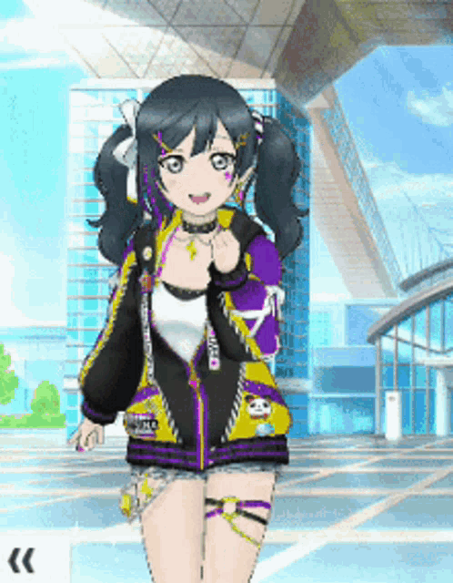 a girl in a purple and yellow jacket with a skull on it