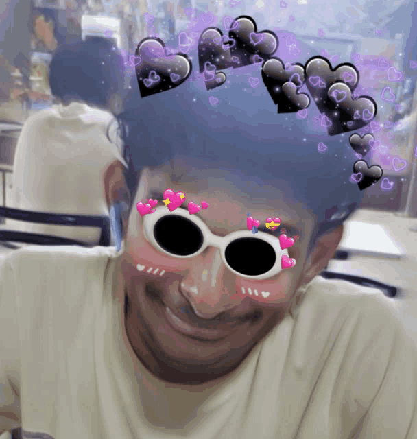 a person wearing sunglasses with hearts on them