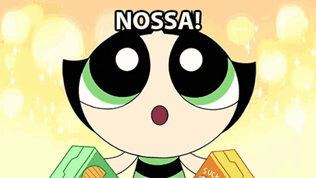 a cartoon character from the powerpuff girls is holding a box of snacks and says nossa