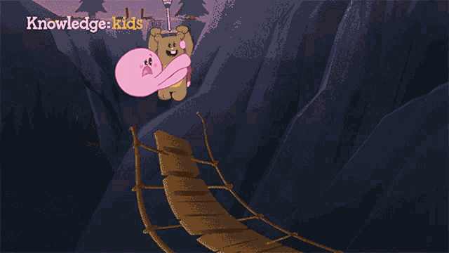 a cartoon of a bear holding a pink object with knowledge kids written on the bottom right