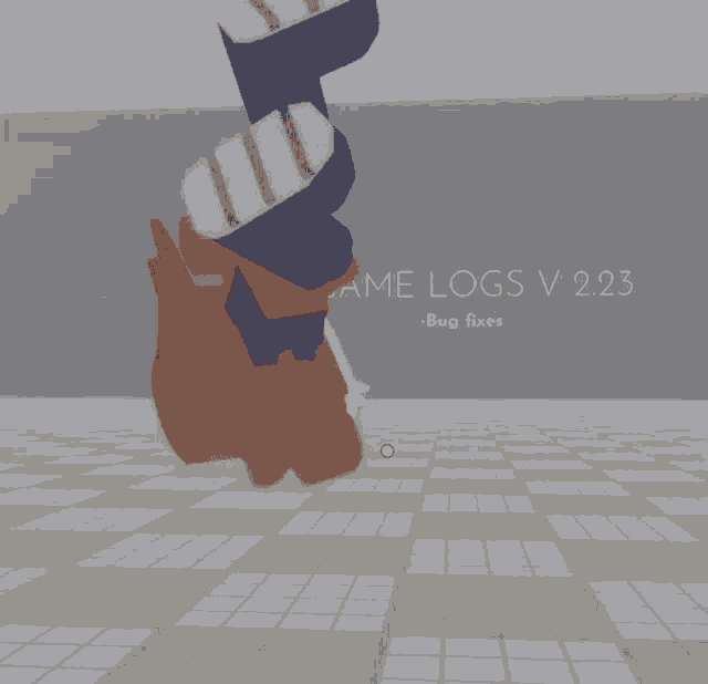 a cartoon character is standing in front of a wall that says " game logs v 223 bug fixes "