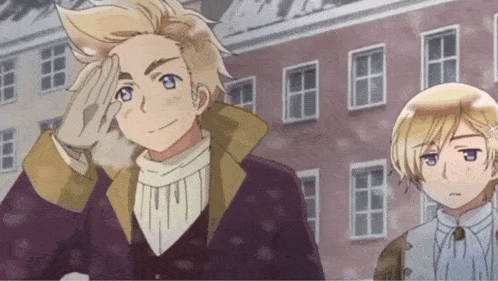 two anime characters are standing in front of a building and one is saluting