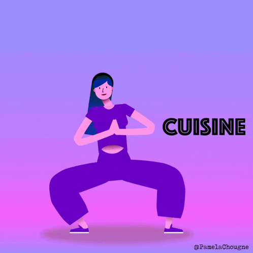 an illustration of a woman squatting with the word cuisine written above her