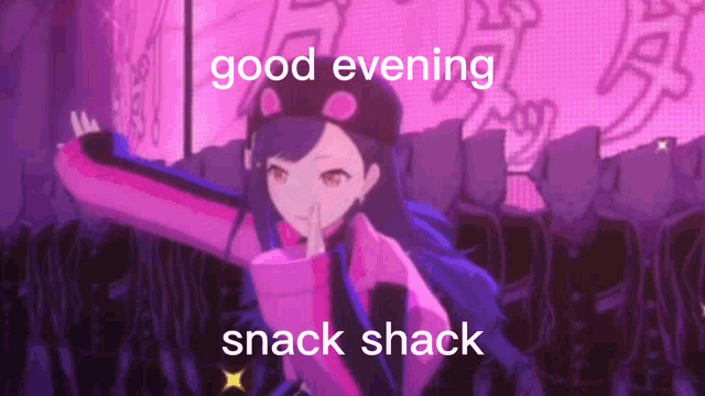 a girl is dancing in front of a crowd and the words good evening snack shack are on the bottom
