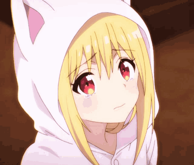 a girl with blonde hair and red eyes wears a white cat hoodie