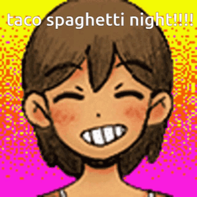 a cartoon character is smiling and says taco spaghetti night .