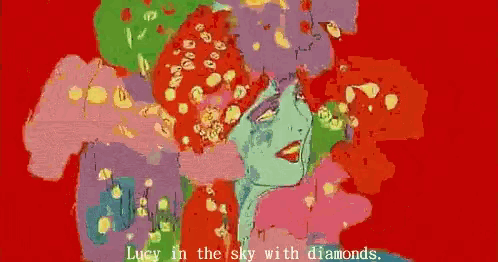 a colorful painting with the words lucy in the sky with diamonds below it