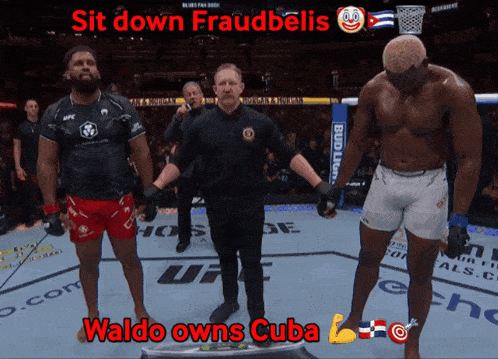 two fighters standing next to each other with the words sit down fraudbelis written above them