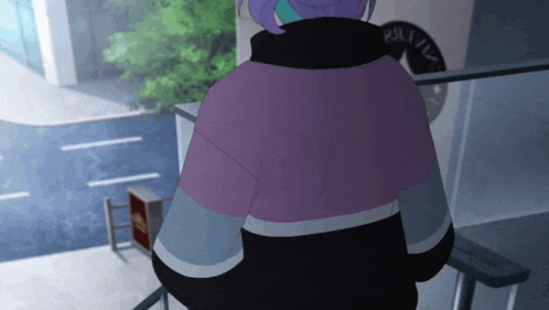 a girl with purple hair and a purple jacket is walking down a set of stairs