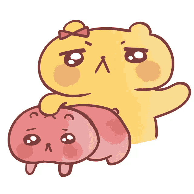 a cartoon of a yellow bear holding a pink bear with a bow on its head