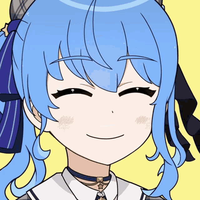 a drawing of a girl with blue hair and a smile on her face