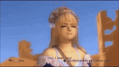 a video game screen shows a blonde girl saying yay