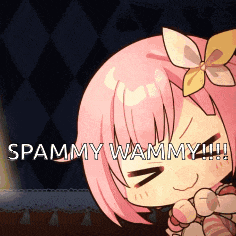 a girl with pink hair and a flower in her hair says spammy wammy
