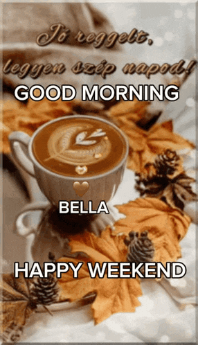 a picture of a cup of coffee with the words good morning bella happy weekend on it