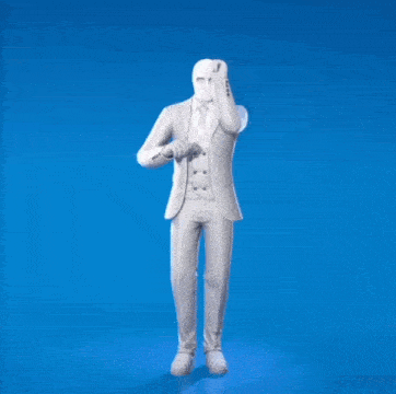 a man in a white suit and tie is dancing on a blue background