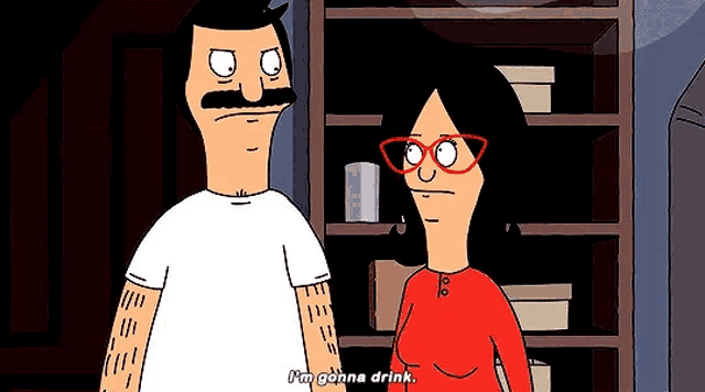 a man and a woman from bob 's burgers are standing next to each other in front of a shelf .
