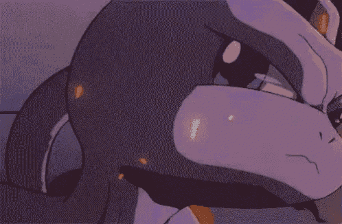 a person is standing in front of a purple and orange background with a fire coming out of it .