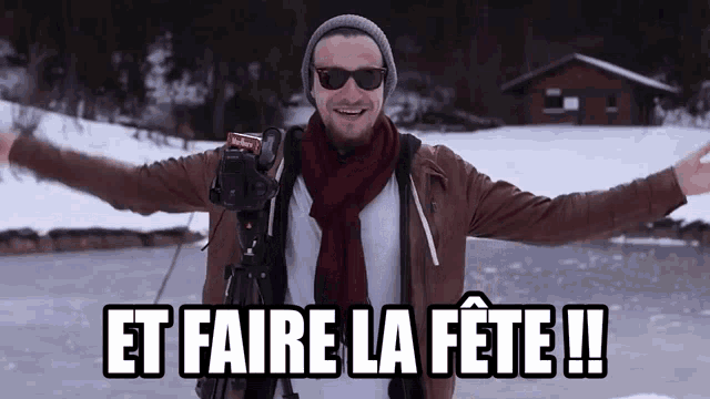 a man wearing sunglasses and a scarf with the words et faire la fete