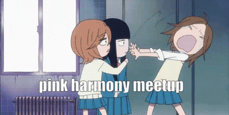 a cartoon of two girls fighting with the words pink harmony meetup in the corner