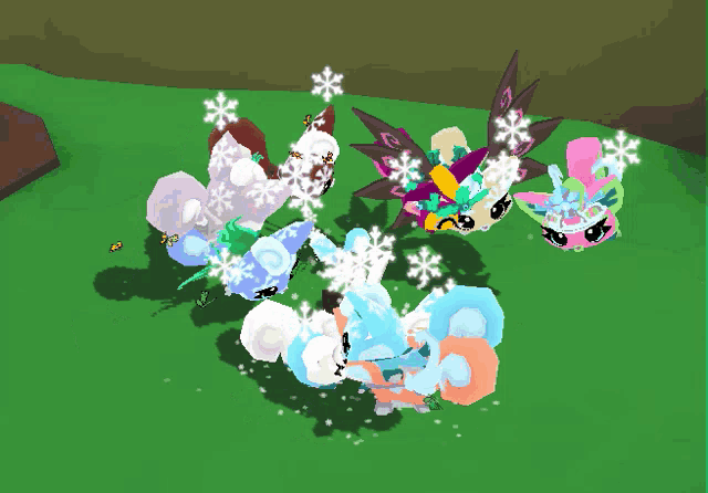 a bunch of cartoon characters are laying in the grass with snowflakes