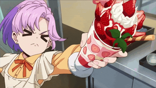a girl with purple hair is holding a cup with strawberries and whipped cream on it