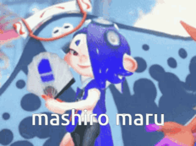 a cartoon character is holding a fan and says " mashiro maru " on the bottom