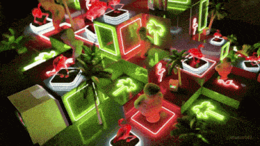 a neon display with flamingos and palm trees and the numbers 500 on the bottom