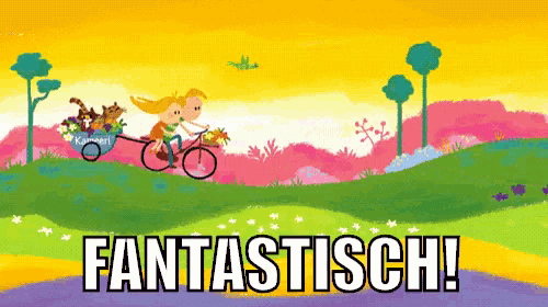 a cartoon drawing of a girl riding a bike with the words fantastic in the bottom right corner
